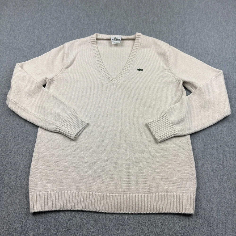 Vintage Lacoste Sweater Mens 46 Small Creme Knit V-Neck Ribbed Pullover Croc - Picture 1 of 11